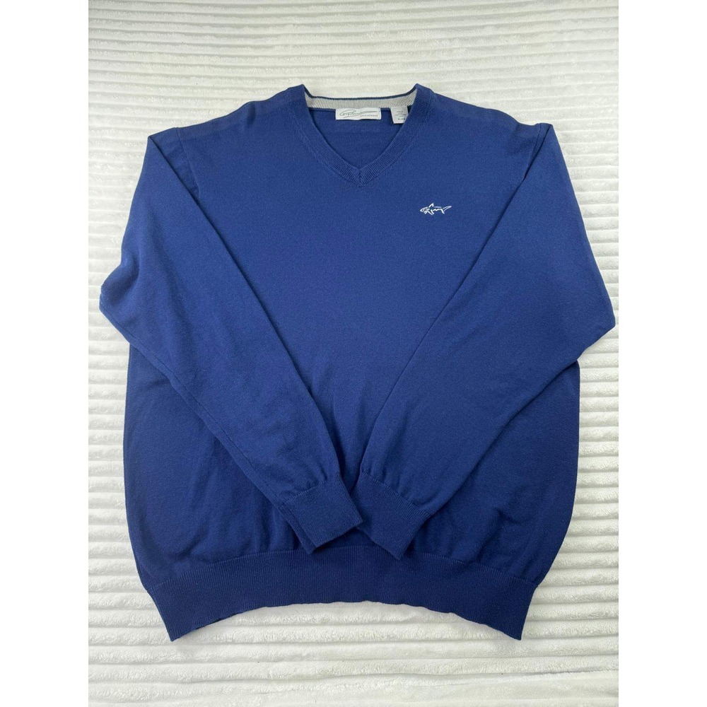 Greg Norman Mens XL Blue V-Neck Cotton Knit Shark Logo Golf Sweater